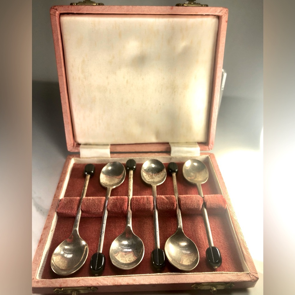 Art Deco Sheffield silver plated Demi Tasse Lucite Spoons w/ Lucite Bean tops